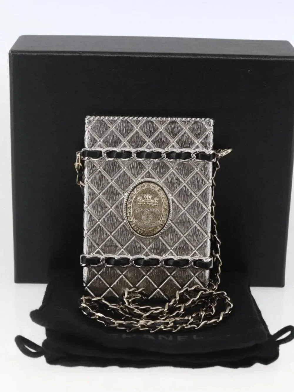 CHANEL Chain Neck Card Case metal Silver tone CC Auth 164711SM